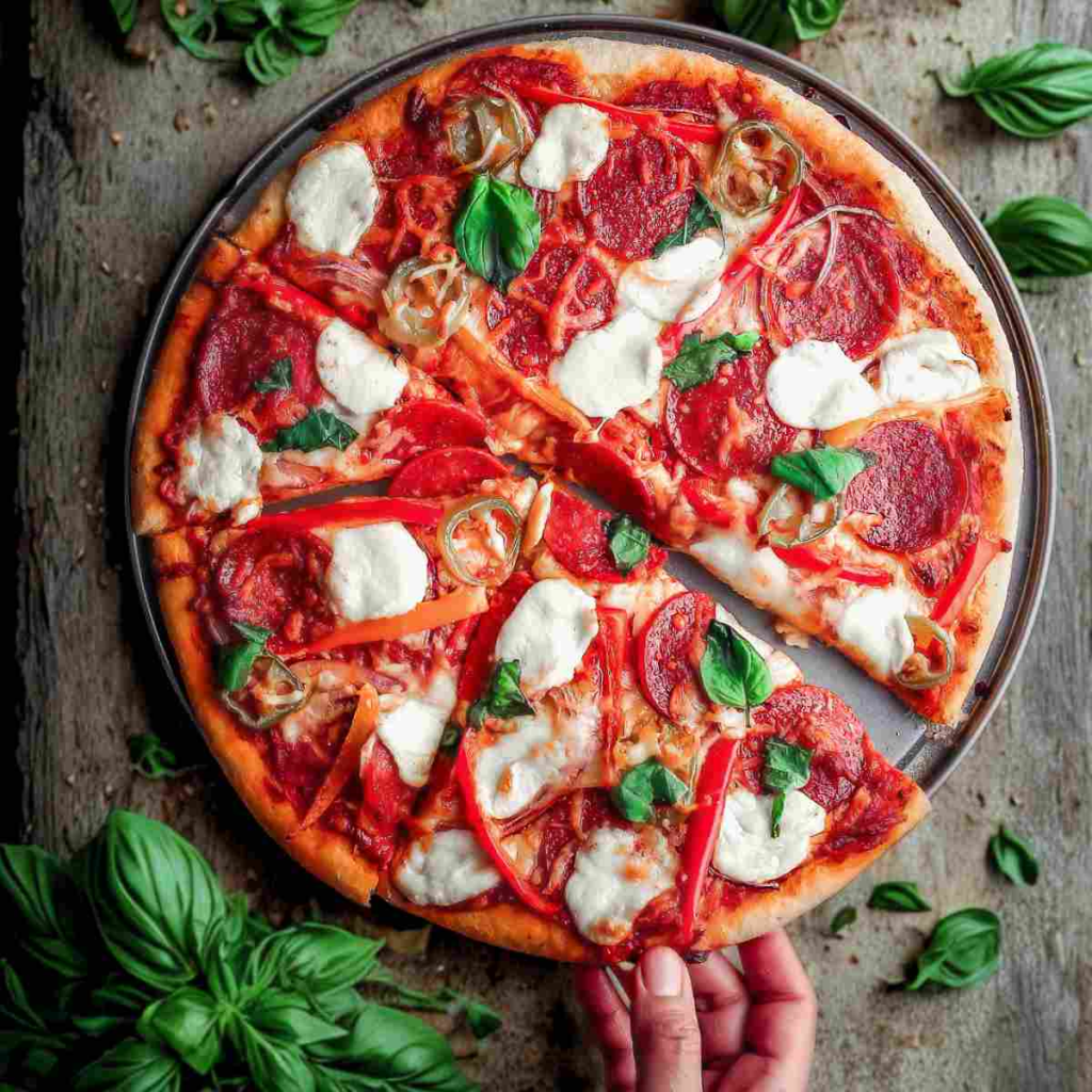 "Famous foods: Traditional Italian pizza topped with pepperoni, fresh mozzarella, basil leaves, bell peppers, onions, and jalapeños on a crispy golden crust."