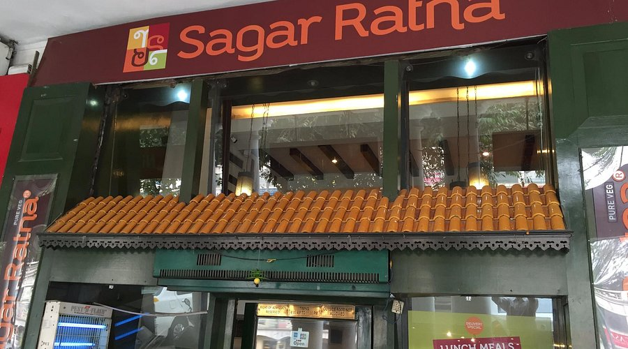 "Sagar Ratna restaurant entrance, a popular destination for famous vegetarian food and authentic South Indian cuisine.