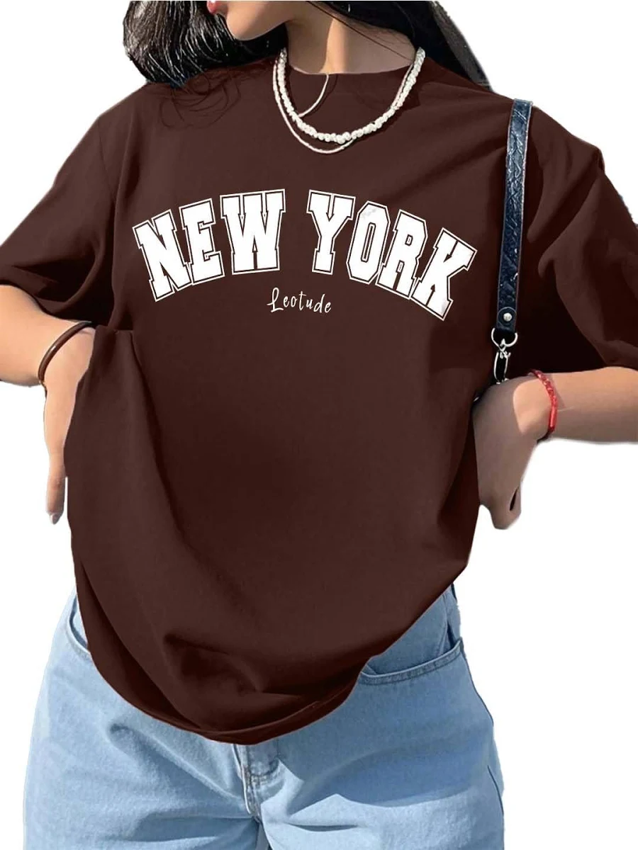 Women’s Brown Oversized New York Graphic Printed T-Shirt